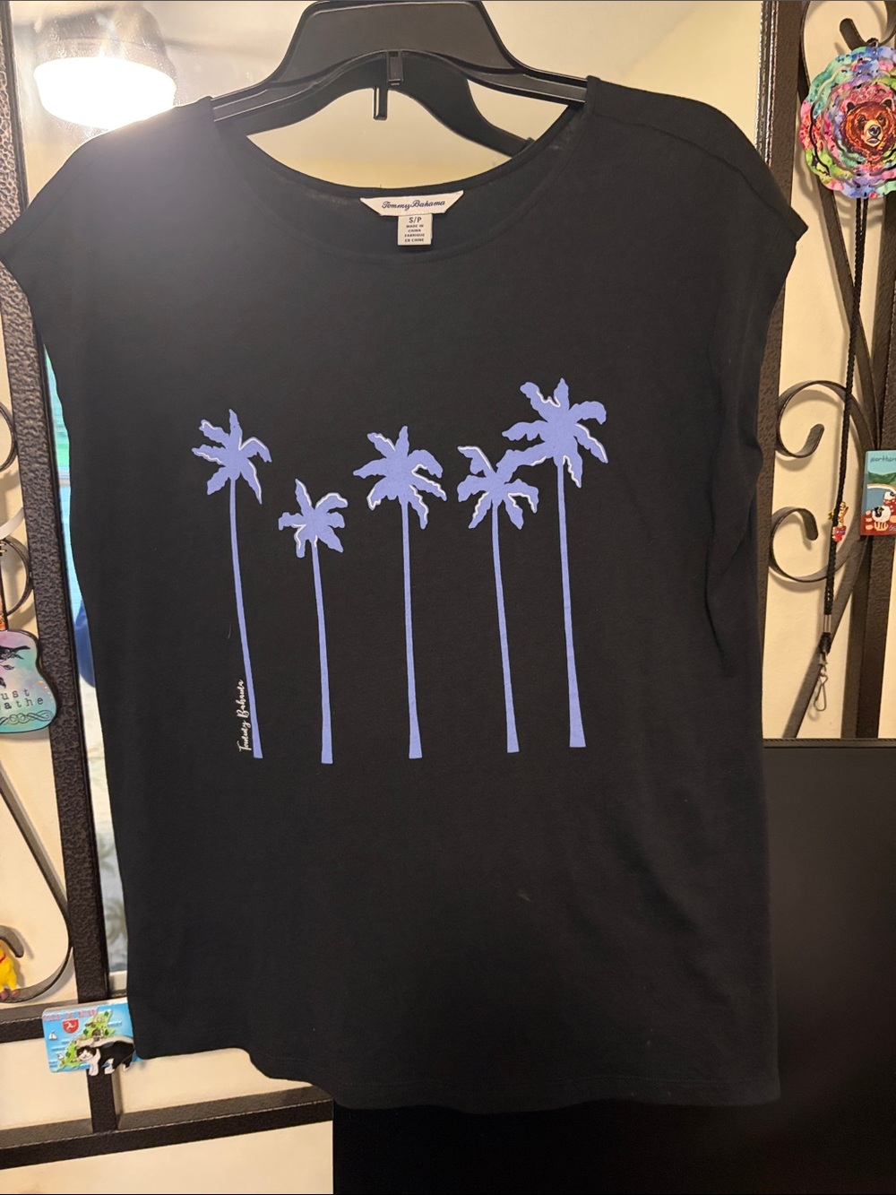 Tommy Bahama Black Tee with Blue Palm Tree Row Graphic